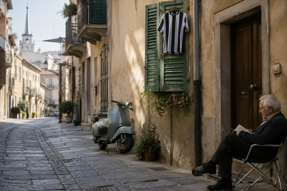 Maillot de foot rayé noir et blanc suspendu à un volet vert au-dessus d'une ruelle