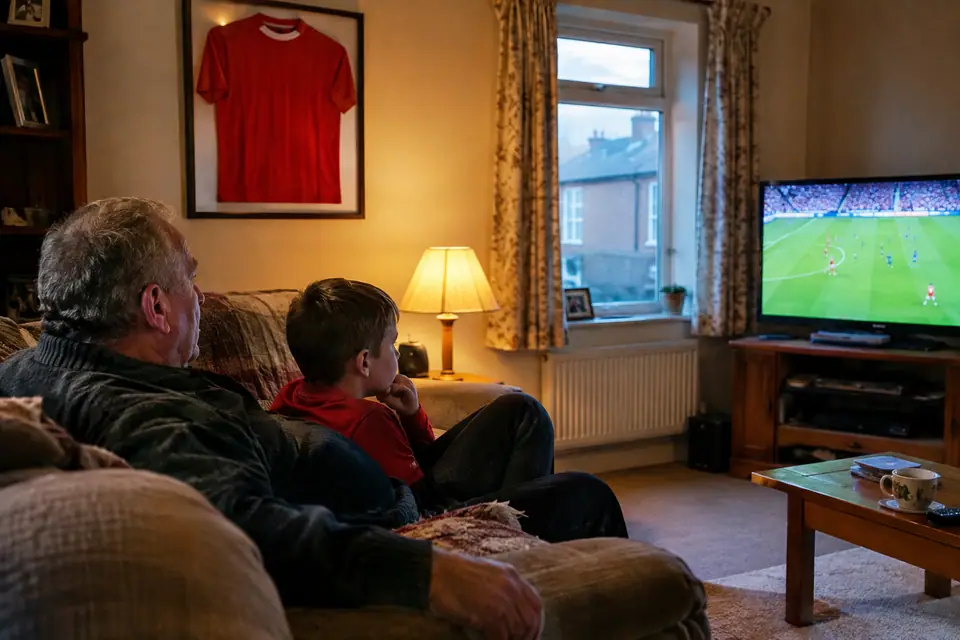 Maillot de foot rouge encadré au mur d'un salon où un grand-père et son petit-fils regardent la télé