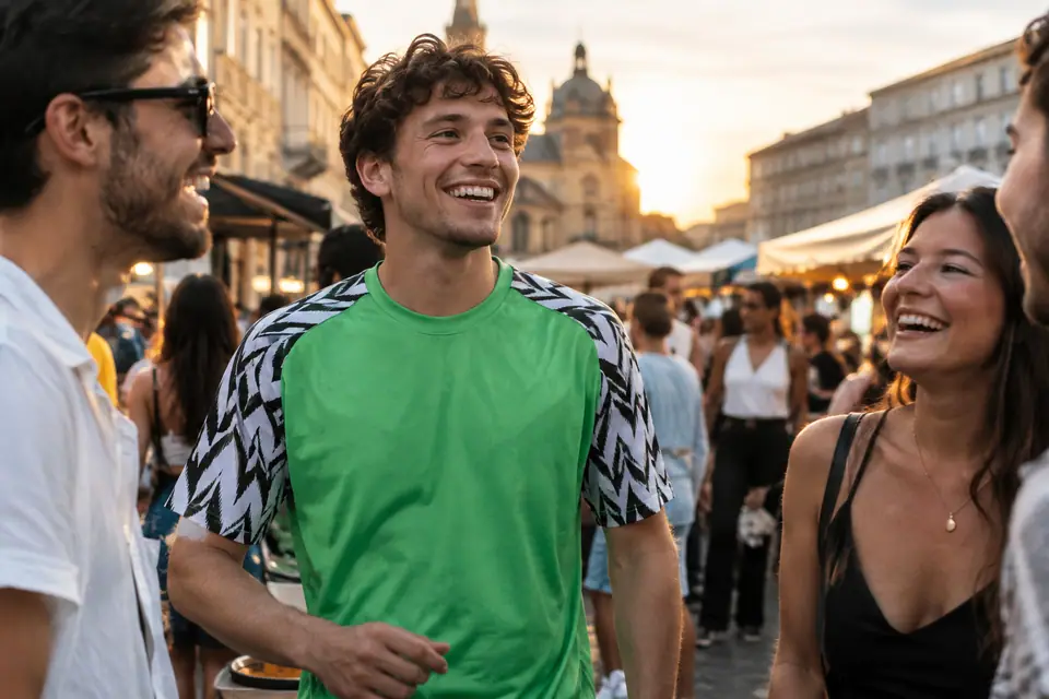 Jeune homme souriant portant un maillot de foot vert aux manches à motifs noir et blanc sur un marché