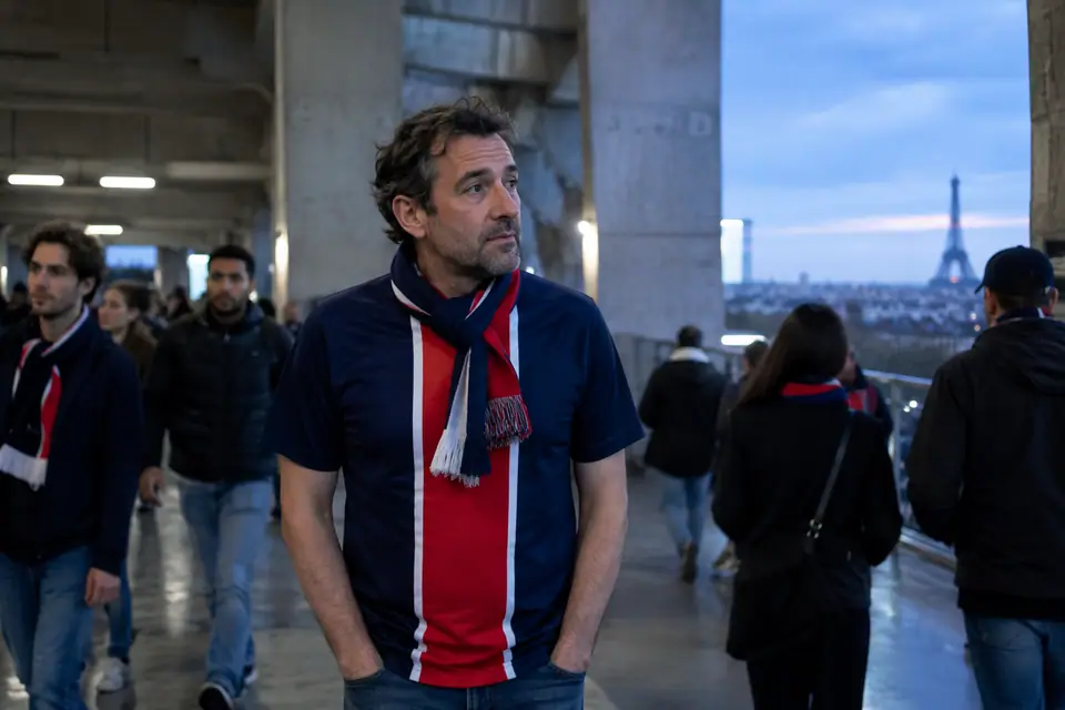 Supporter quadragénaire en maillot de foot bleu nuit à bande rouge dans les coursives d'un vieux stade