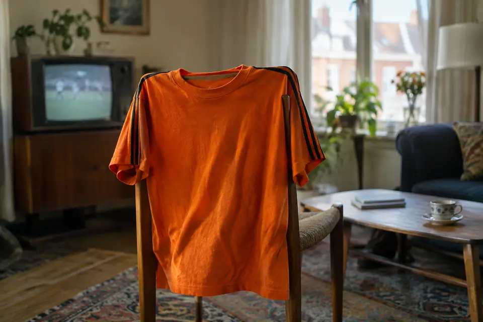 Maillot de foot orange de style rétro accroché à une chaise en bois dans un salon