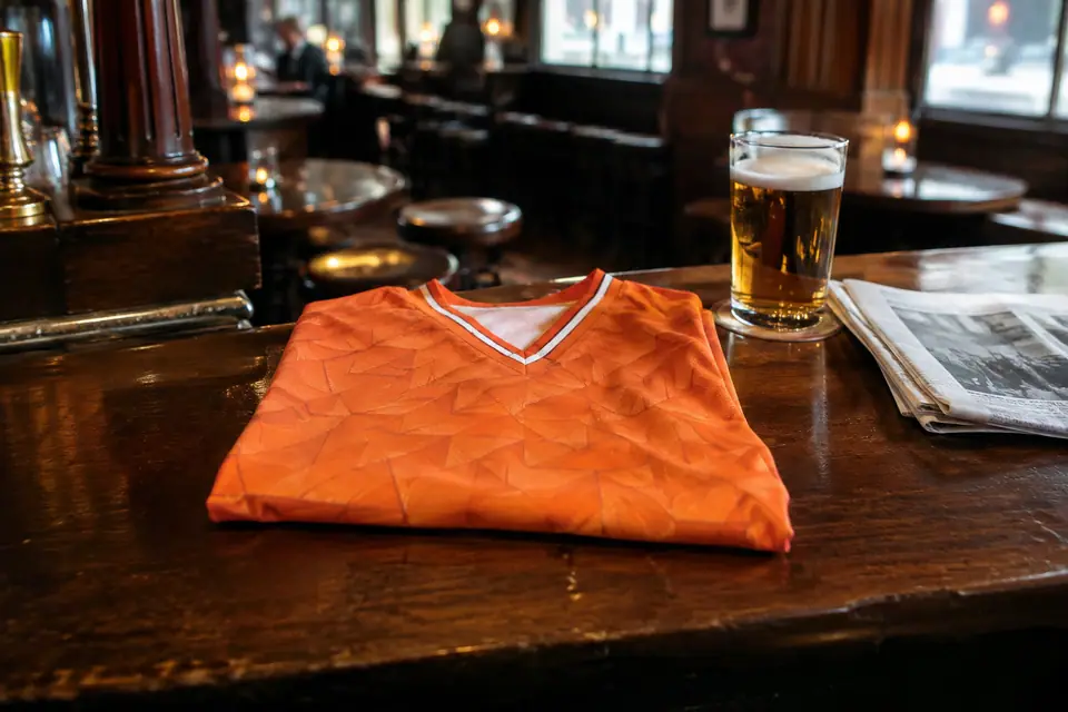 Maillot de foot orange à motif géométrique posé sur le comptoir d'un vieux café