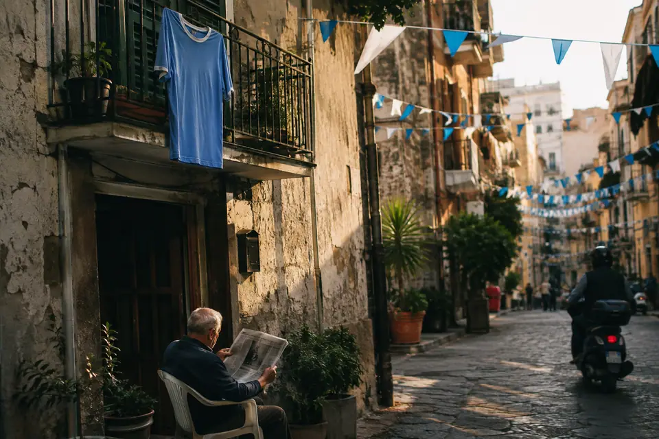 Maillot de foot bleu ciel suspendu à un balcon au-dessus d'une ruelle décorée de fanions bleus et blancs
