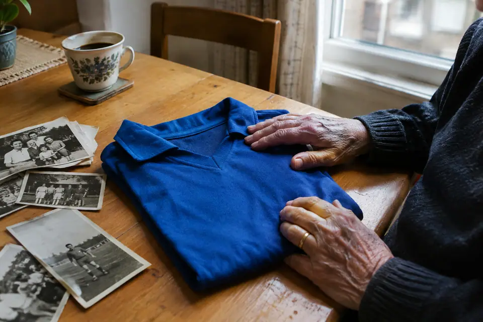 Mains d'un homme âgé posées sur un maillot de foot bleu rétro près de vieilles photos de famille