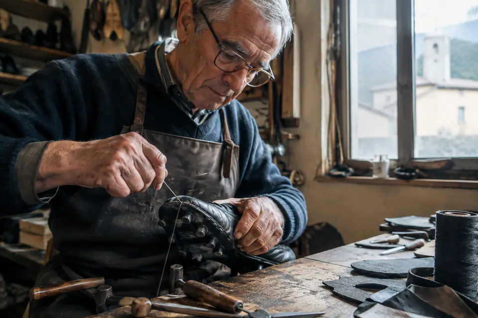 Un vieil artisan recoud la semelle d'une chaussure de foot en cuir noir dans son atelier