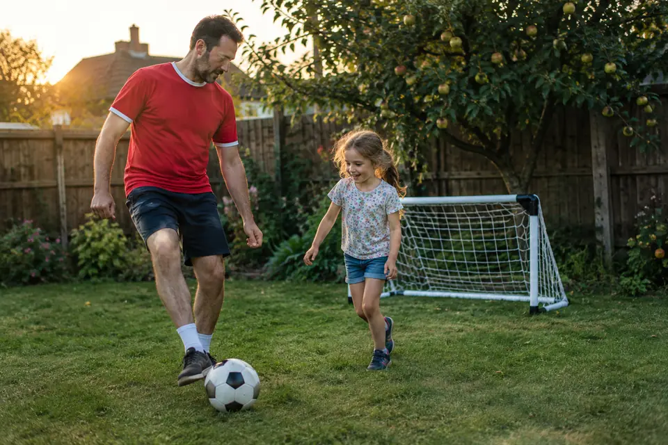 Un père et sa fille jouent au foot dans un jardin, le père porte un maillot rouge rétro