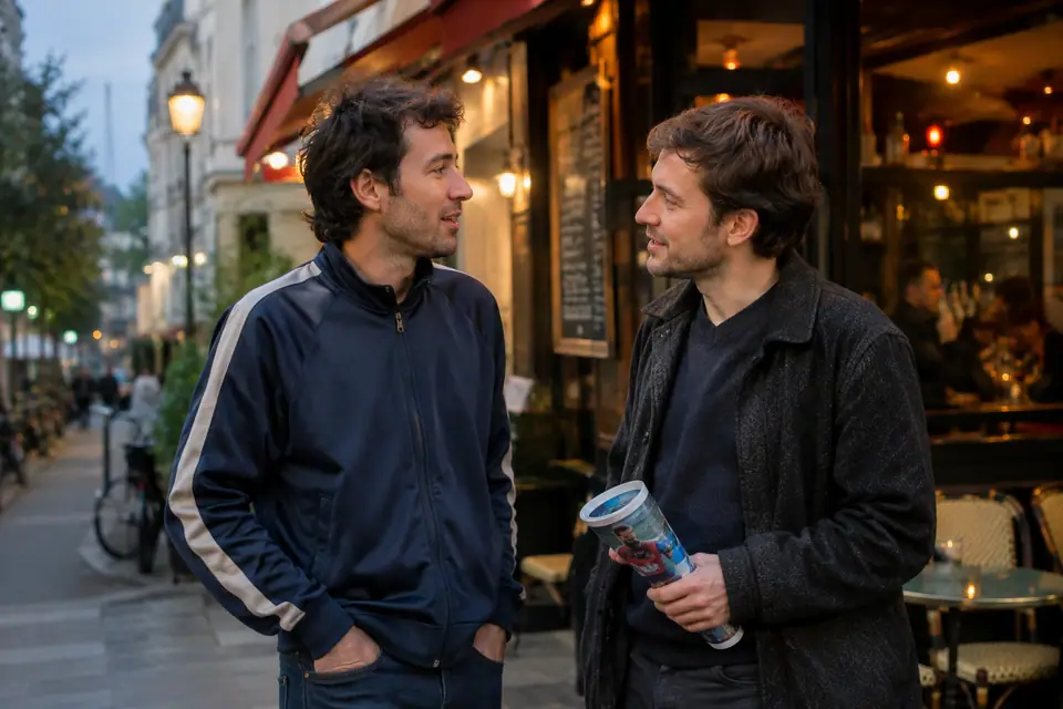 Deux amis discutent devant un café, l'un porte une veste de survêtement rétro à bande
