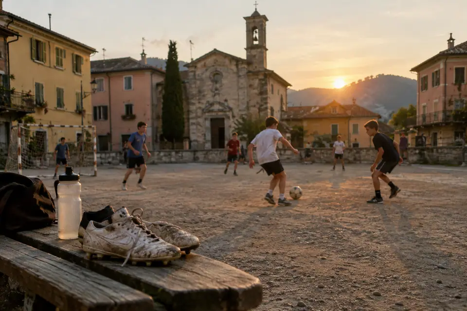 Des enfants jouent au foot sur une place de village italien, une paire de crampons posée sur un banc