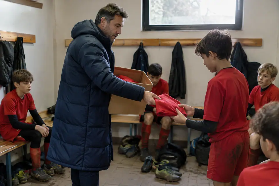 Un éducateur distribue des maillots rouges neufs à de jeunes joueurs dans un vestiaire de club