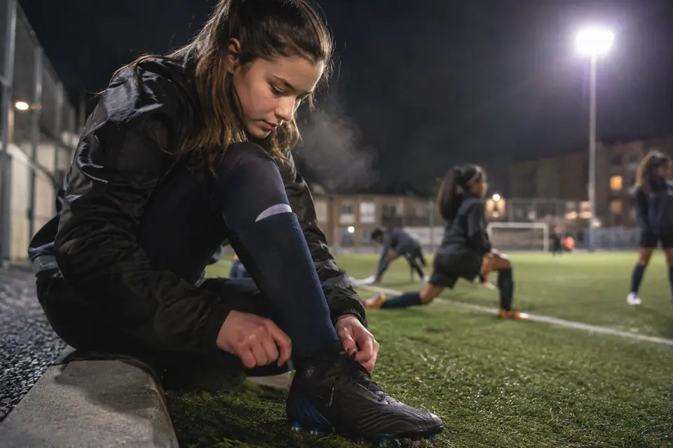 Une adolescente lace ses chaussures de foot au bord d'un terrain synthétique éclairé le soir