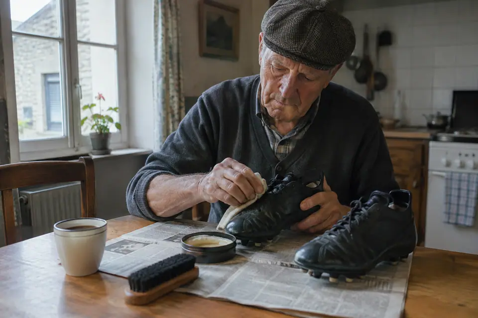 Un homme âgé entretient une paire de chaussures de foot en cuir noir sur la table de cuisine
