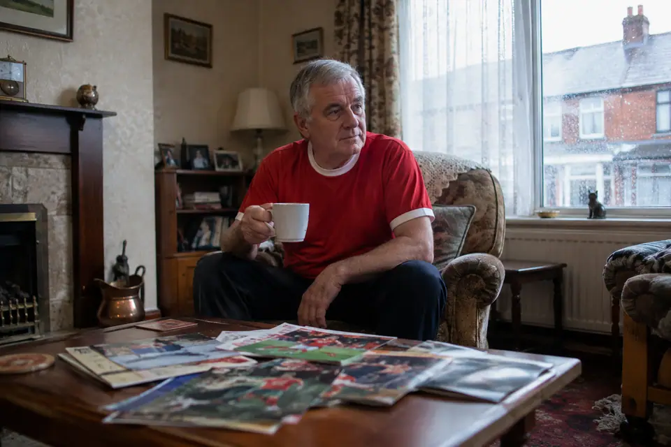 Un homme âgé en maillot de foot rétro rouge feuillette de vieux programmes de match dans son salon