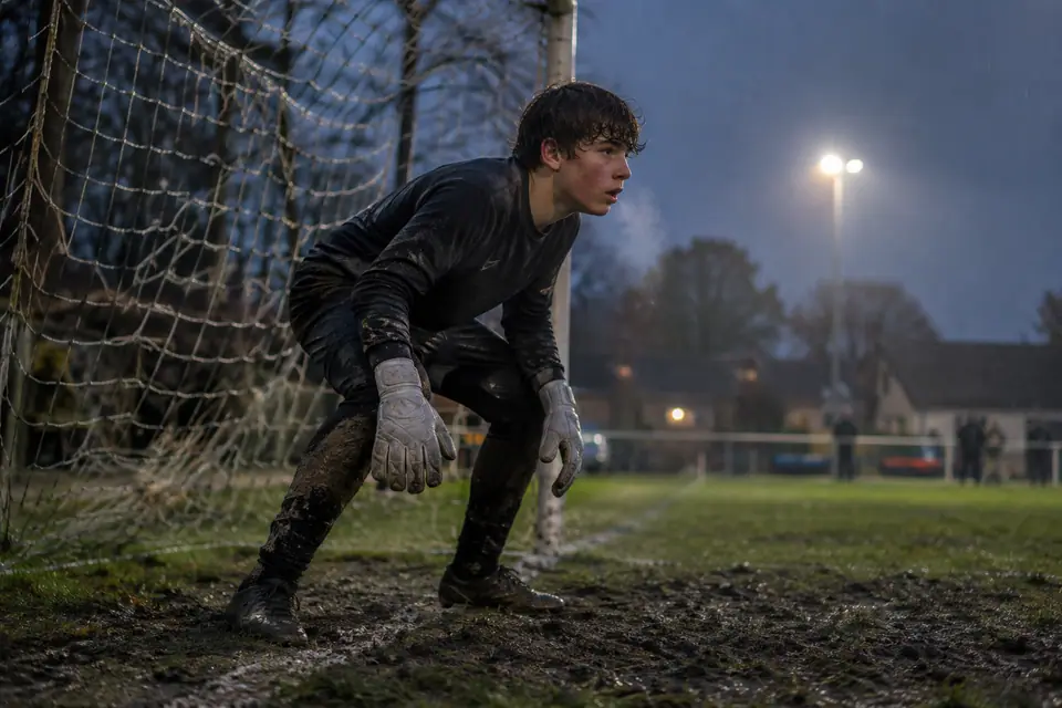 Jeune gardien de but amateur en gants, accroupi sur une ligne de but boueuse sous la pluie